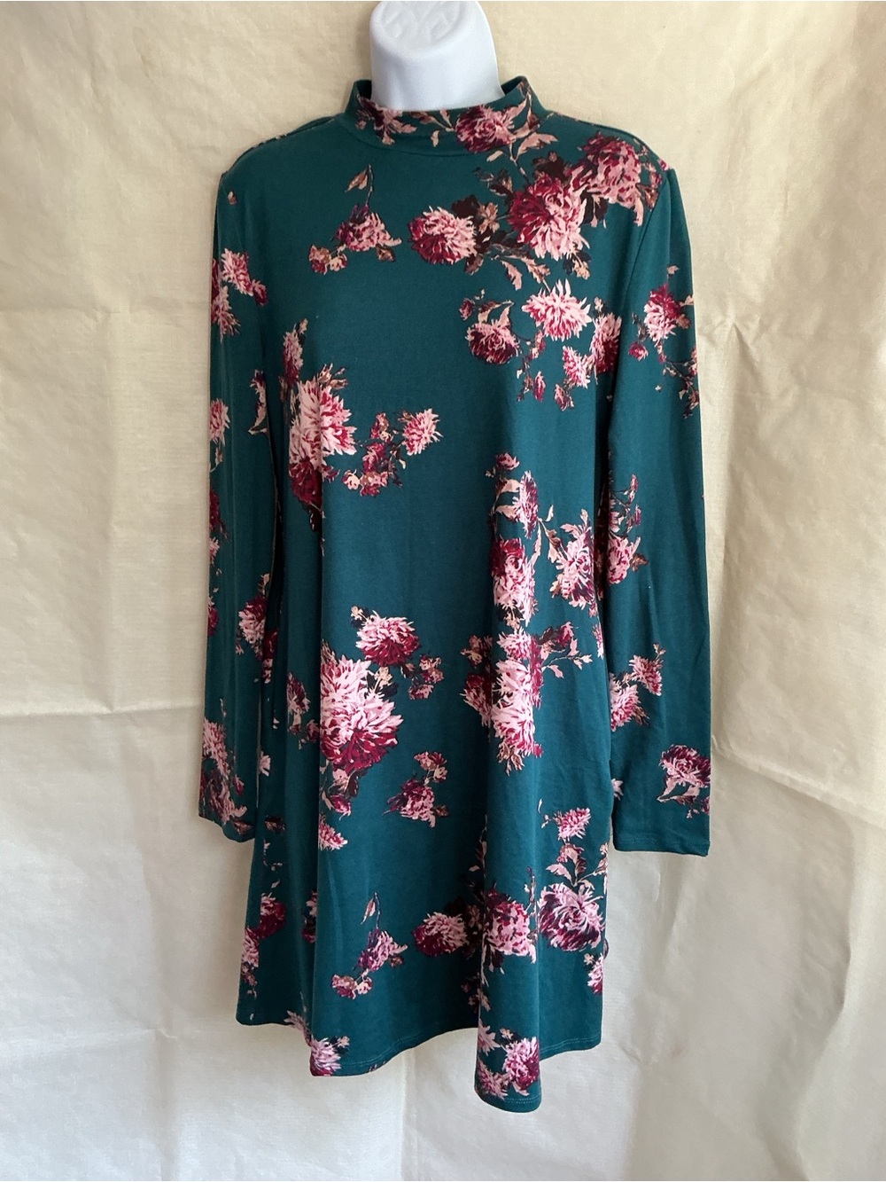Maurices Teal Long Sleeve Floral Swing Dress with Pink Blooms